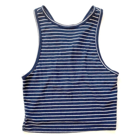 Hollister Cropped Ribbed Tank XS Cross Back Straps Navy White Striped Nautical - Picture 1 of 7